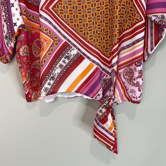 Laura NWT Colorful Patchwork Print Top Tied Waist Flowy Boho 70s Vibe Size 8 - Picture 5 of 12